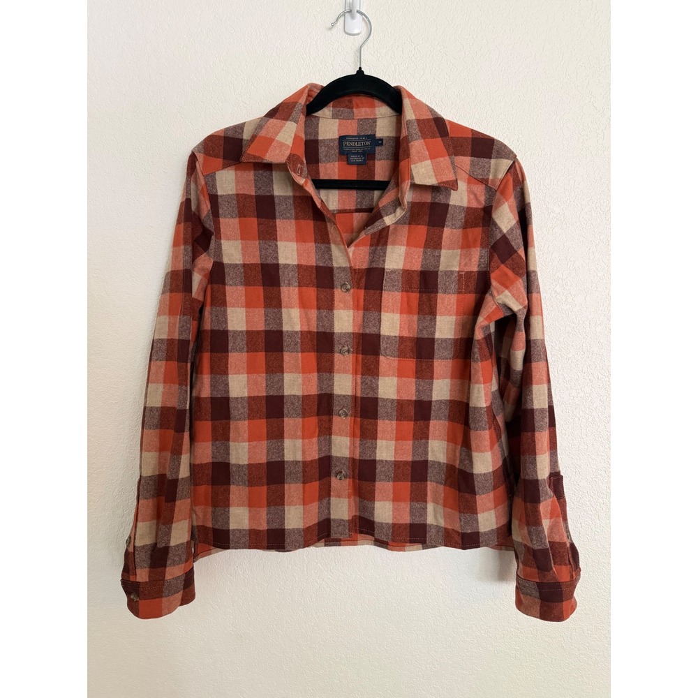 Pendleton Womens Wool Flannel Shirt Orange Brown Plaid Button Down Size M